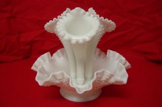 Vintage Fenton 3 Horn Diamond Lace Milk Glass Epergne Vase, Ruffled 