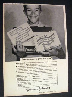 Vintage image of boy w/ First Aid Kits by Johnson & Johnson 1969 Print 