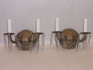 VINTAGE ANTIQUE BRASS CRYSTAL CHANDELIER DOUBLE LIGHT WALL SCONCES