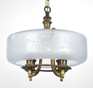 Antique Chandelier Art Deco Brass Gold Nouveau Glass Slip Shade 