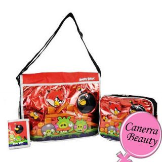 Angry Birds Messenger Bag Lunch Box Wallet School 3PC Set Metallic Red