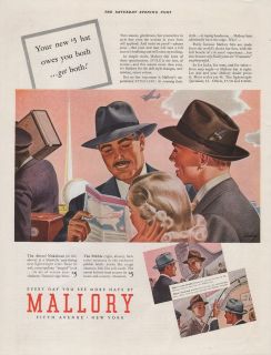 1939 VINTAGE MALLORY MENS HATS OWES YOU BOTH GET BOTH PRINT AD
