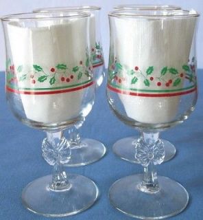 Arbys Christmas Holly Berry Wine Goblets Glasses Libbey Bow on Stem 