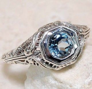 1CT Natural Aquamarine 925 Solid Silver Victorian Style Flower Ring Sz 