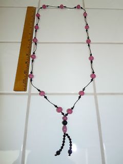 Vintage Art Deco Rose Pink & Black Glass Bead Tassel Flapper Necklace