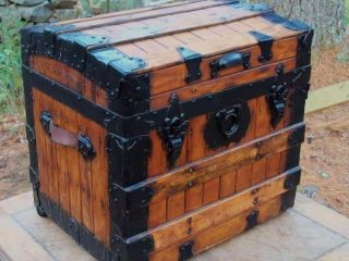 ANTIQUE rare VERTICAL oak SLAT 1/2 HALF travel STEAMER TRUNK chest 