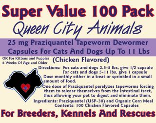 100 Queen City Animals Tapeworm Wormer Capsules Cats/Dogs Praziquantel 