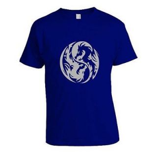 Made in Israel Yin Yang Symbol with Dragon Silver Print on Blue T 