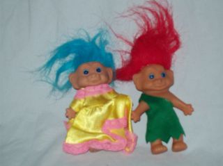 Troll Dolls Boy Orange Hair Tarzan Suit/Girl Yellow Pink Dress 
