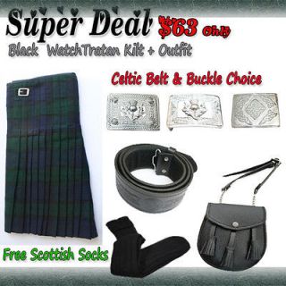 New Black Watch Tartan Wool Kilt + Belt & Buckle + Sporran + Socks 