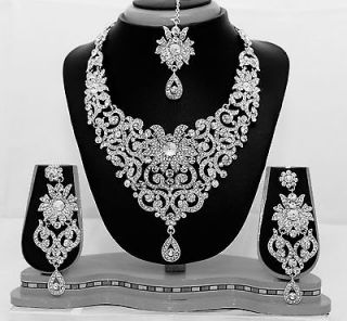 Bollywood Indian Bridal Silver Diamond Necklace Earrings Tikka 
