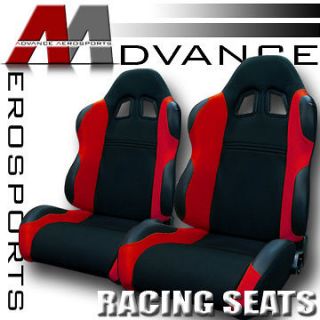 2x Universal LH+RH Black/Red Fabric & PVC Leather Racing Seats+Sliders 