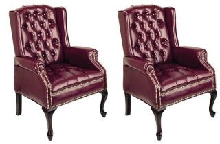 TWO JAMESTOWN OXBLOOD VINYL WING BACK QUEEN ANNE BUTTON TUFTED GUEST 