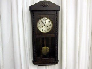 Antique German Wall Clock Dark Oak Case Art Deco Style Key & Pend 
