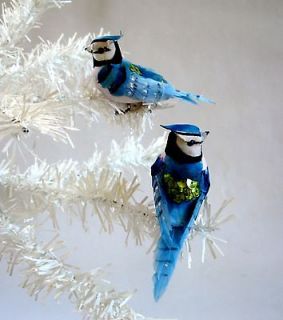 Chic BLUE JAY SEQUIN BIRDS~Feather Tree Ornament Vtg Shabby Xmas Decor 