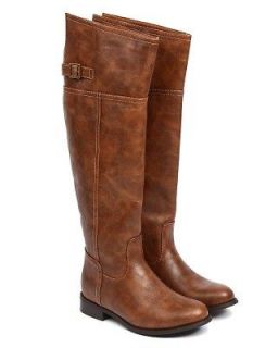   THE KNEE BOOTS Womens Wide Calf Flat Riding Faux Leather Tall Shoes