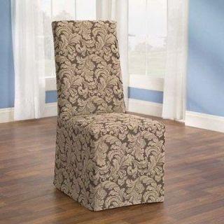 Surefit Brown Scroll Patterned Long Dining Chair Cover Slipcover