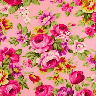 PINK ROSE FLOWER VINTAGE RETRO PRINT 100% COTTON CLOTH QUILTING FABRIC 