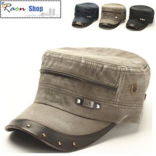   brim Stud Distressed Design Gray Army cap Military Style Box Hat Cadet