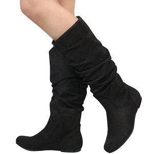 Mid Calf Round Toe Slouch Comfort Casual Flat Womens Boot Black 
