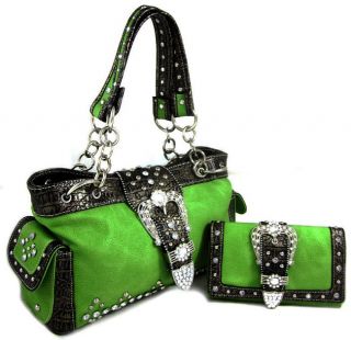   Rhinestone Belt Buckle Chain Purse Handbag Wallet SET Lime Green