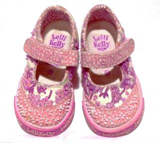Girls LELLI KELLY pink mary jane shoes~ Beaded flowers~Velcro strap sz 