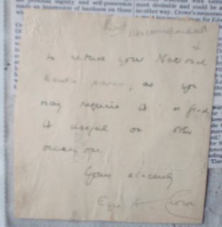 Historical AUTOGRAPH / Letter/Note; Sir Eyre A. Crowe (1864 1925 