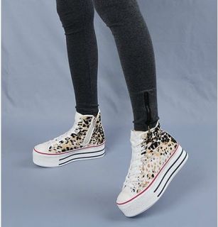 Womens Canvas High Top Platform Sneakers Tennis Shoes Leopard Brown 