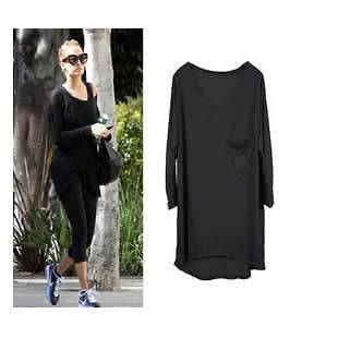   Color Basic Crew Neck Long Sleeve Loose fit T shirt Tee Top w Pocket