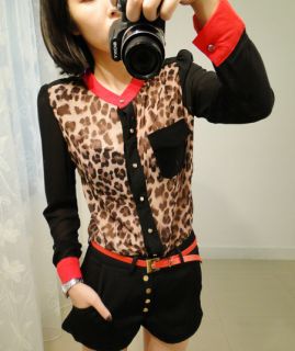 Womens Color Block Stand Up Collar Leopard Print Chiffon Long Sleeve 