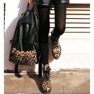 BLACK PU Pleather Studded Backpack School Bag Leopard Print Front 