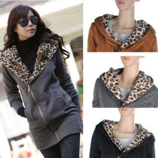 Korea Ladies Leopard Hoodie TOP Fleece Jackets Women Zipped Coat 