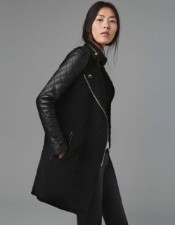 ZARA BLACK COAT WITH QUILTED LEATHER SLEEVES JACKET S, M, L, XL 2012