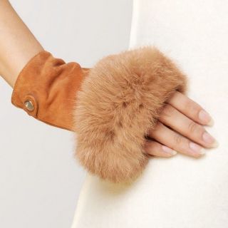 Womens genuine suede leather fingerless Gloves with supple rabbit 