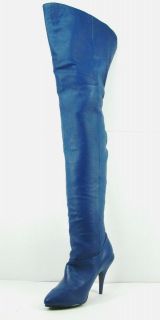   Blue Leather Pull On Thigh High Boot 4 Heel 12 11 8 7 6 Designer