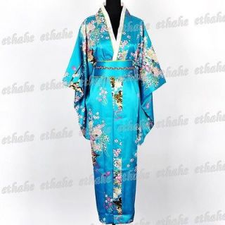 Deluxe Satin Kimono Robe Yukata Japanese Dress w/ Obi One Size Black 