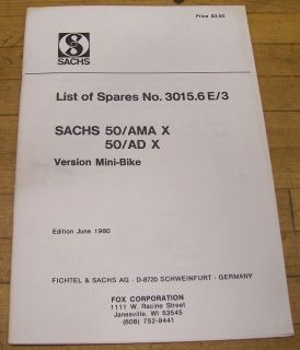 NOS Sachs 50/AMA X 50/AD X Parts List Manual Fox Minibike Mini Bike