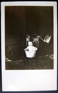 RED CEDAR WISCONSIN~1900s BABY TAKING MORNING BATH IN BUCKET ON CHAIR 