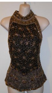 Lawrence Kazar Womens size Large Gold Beaded sleeveless Silk top 