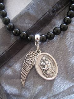 Blk Agate Bracelet w St Christopher & Angel Wing Charms