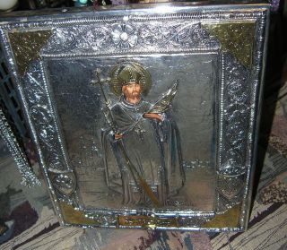 Christian Religious Icon St Adalbert of Poland Silver Plate Gold Gilt 