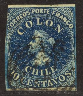 CHILE 1854 Columbus 10c deep blue Sc# 5 used F VF stamp cv $125.00