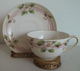   Nippon Japan hand painted fine bone china teacup,saucer.​pink,white
