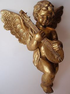 Large Gold Painted Angel Cupid Figure Christmas Ornament Winged Lyre 