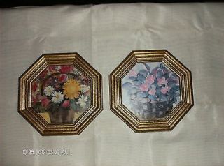 Pair of Gold Syroco Octagon Shaped Frame Flower Basket Pictures HOMCO 
