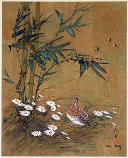 Oriental BAMBOO & QUAIL Original Painting on Cork Paper   Chiu Weng