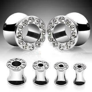 PAIR OF STEEL SADDLE FLARED WITH CLEAR CZ PLUGS/TUNNELS
