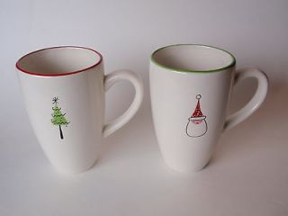 Hand Painted Ceramic Omni Ware Christmas Coffee Mugs Pair Tree Santa 