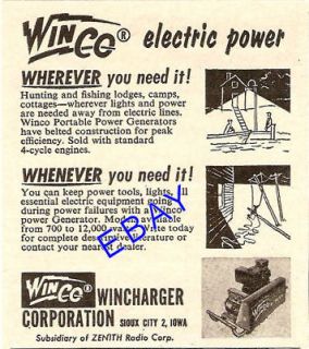 1954 WINCO WINCHARGER ELECTRIC POWER GENERATOR AD IOWA
