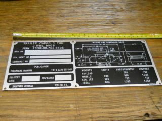 Jeep Willys MB M38 M151 M416 trailer NOS data plate